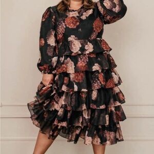 JessaKae Black and Pink Floral Ruffle Dress